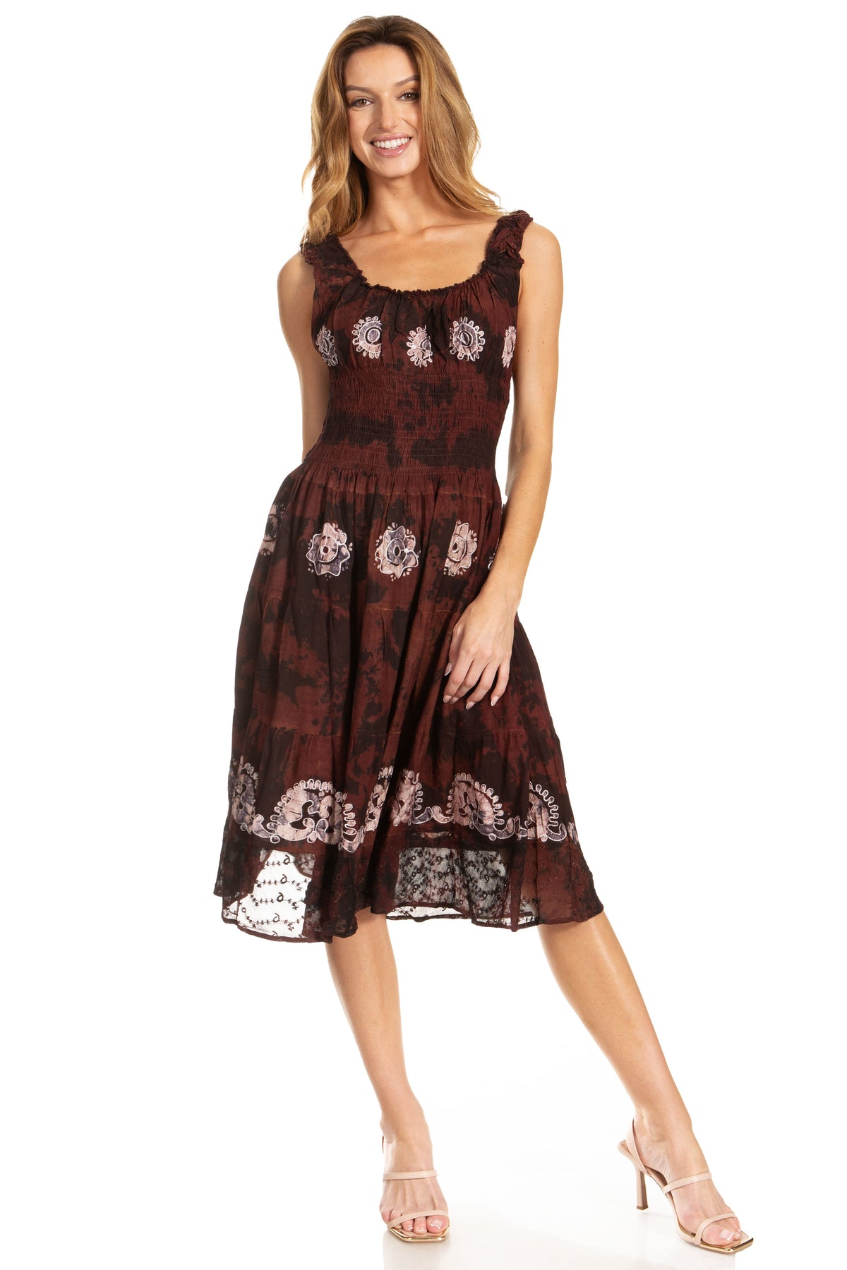 Women's Off-Shoulder Smocked Ruffle Midi Dress – Tie Dye & Embroidery