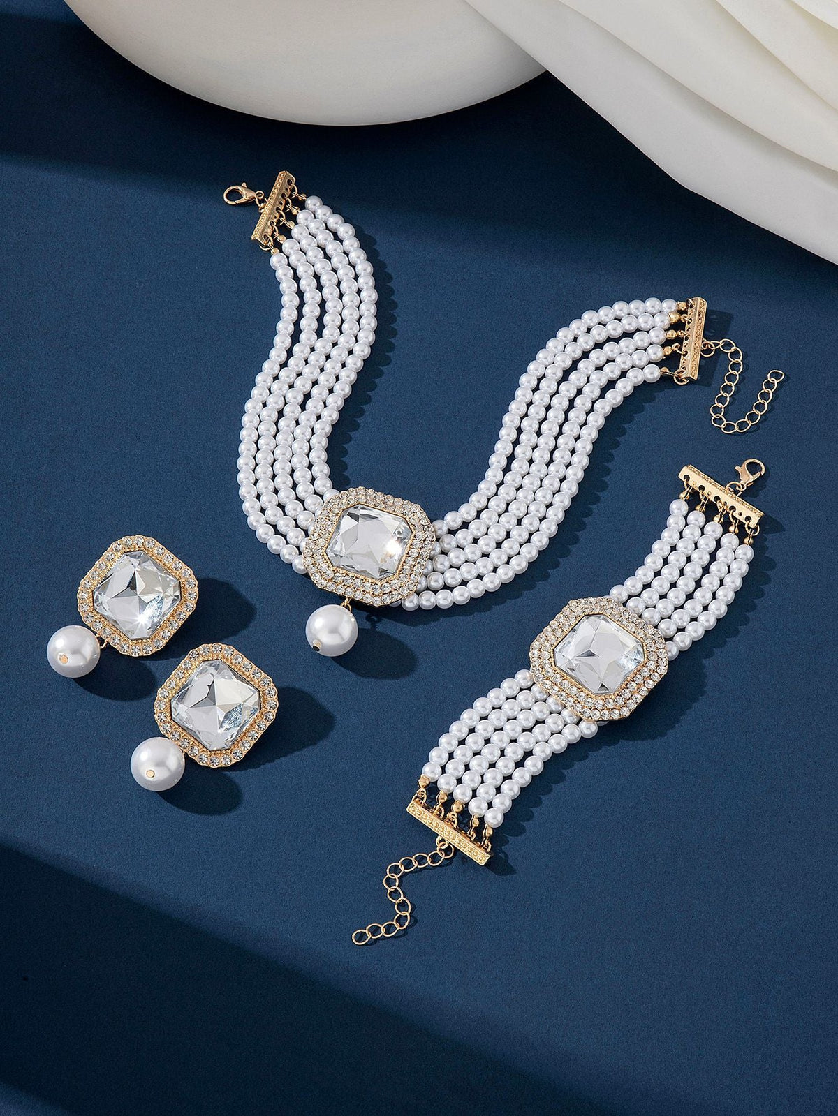 Bridal Imitation Pearl Statement Necklace and Earrings Set, Style B