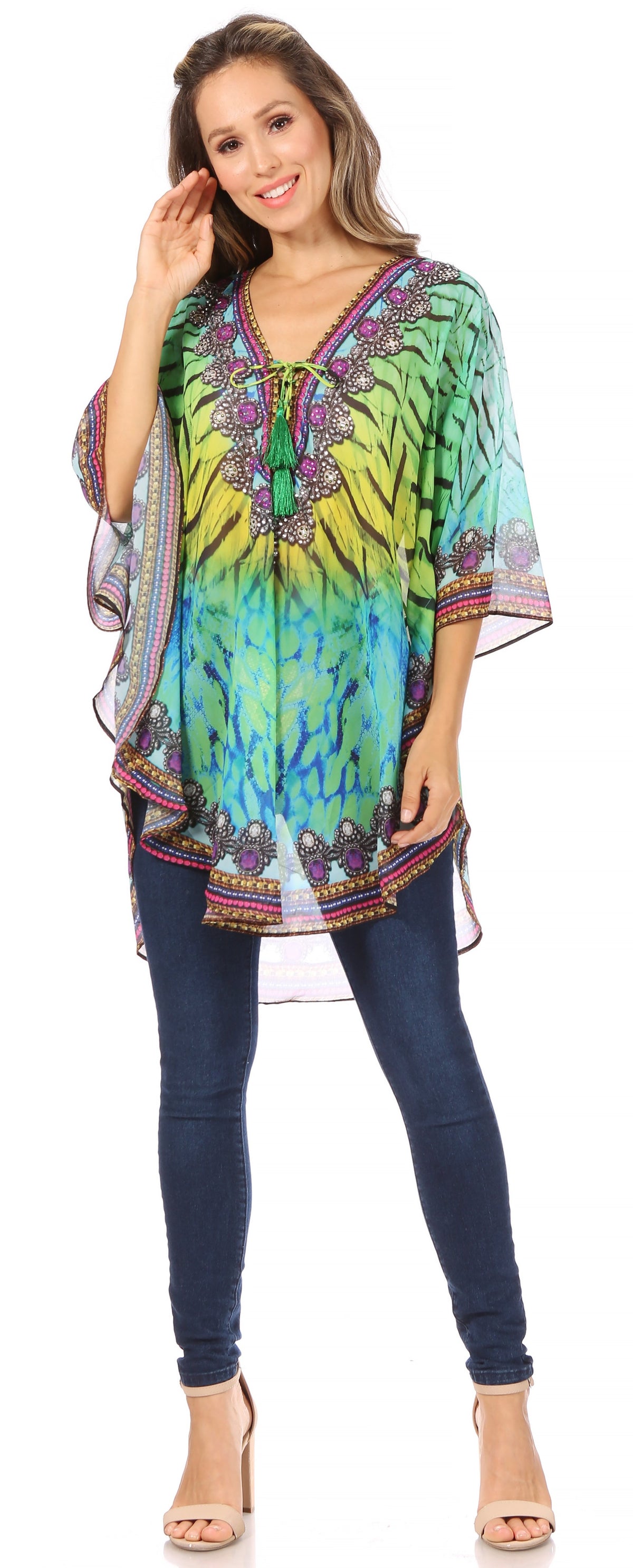 Printed Tie-Neck Circle Blouse