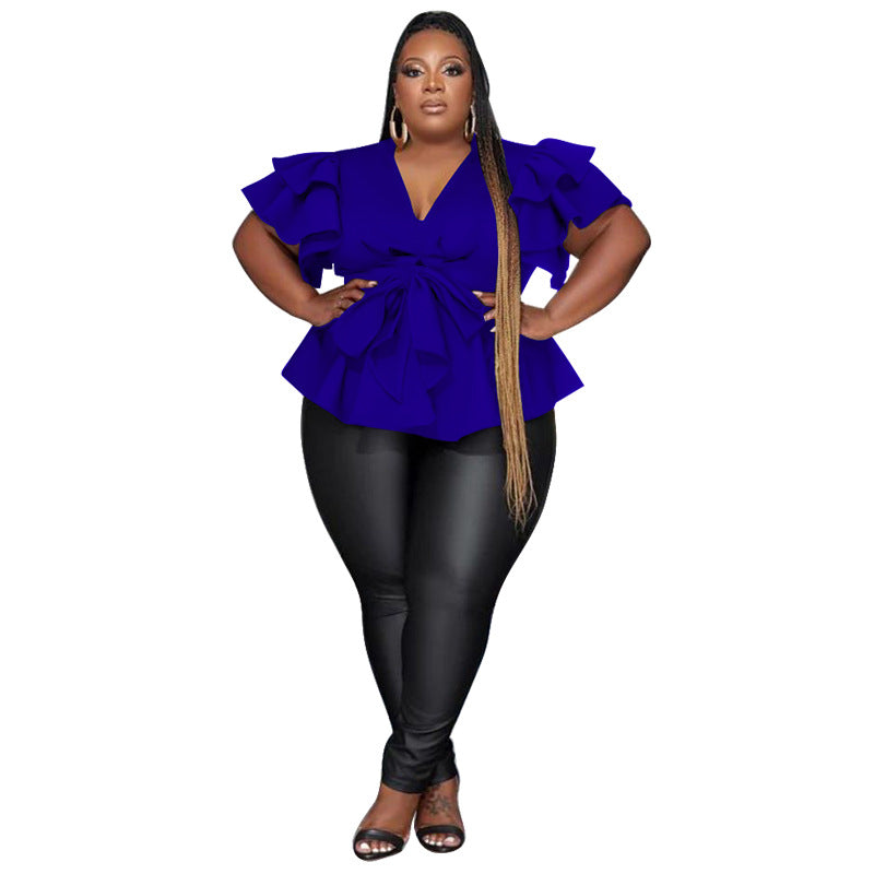 Women's Ruffle-Sleeve Pleated V-Neck Blouse