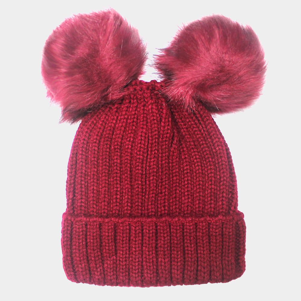 Women's Soft Knit Beanie with Double Faux Fur Pom