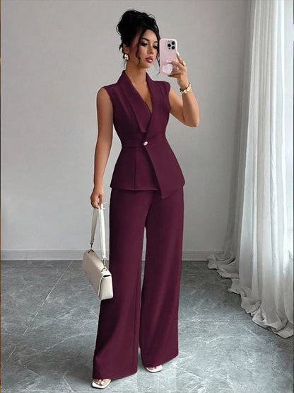 Women's Peplum Blazer & Wide-Leg Pants Set