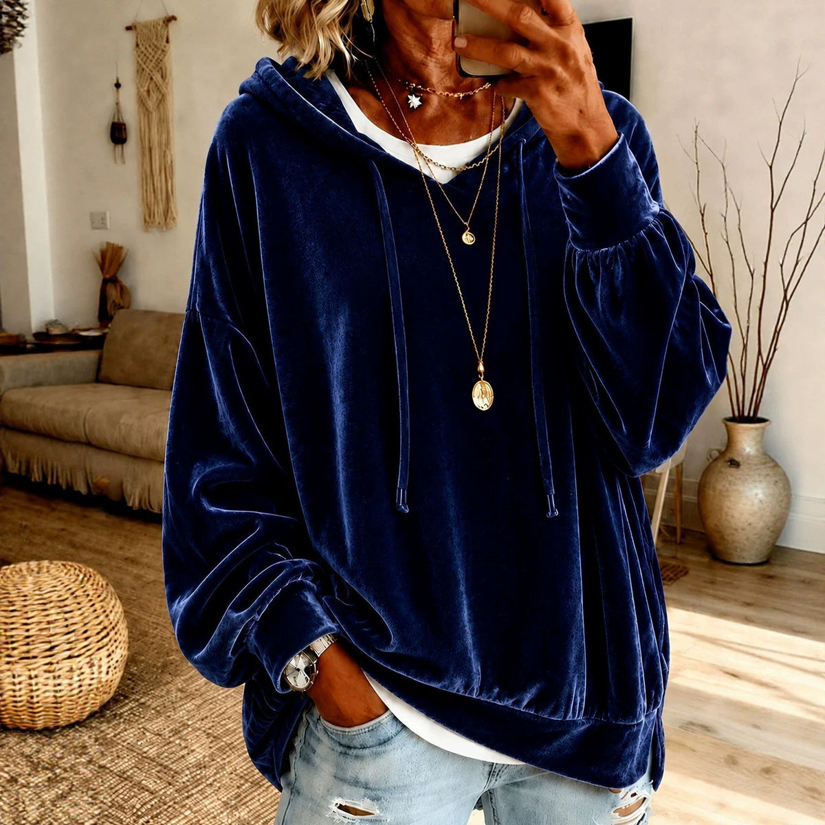 Women's Velvet Drawstring Hoodie with Pockets