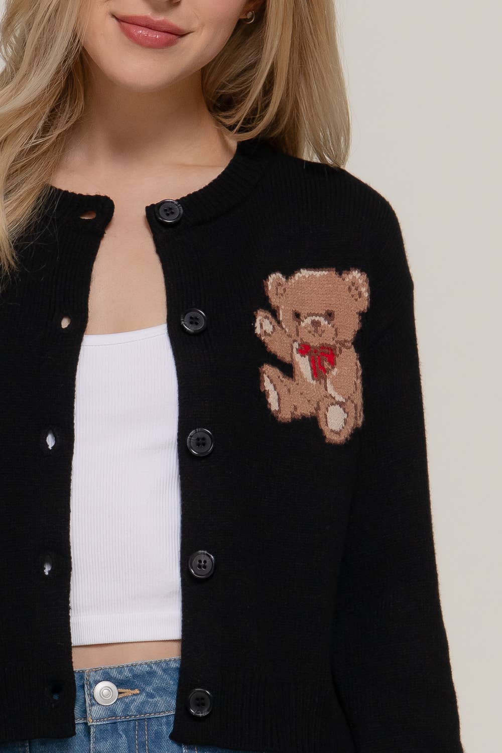 Women's Teddy Bear Embroidered Round Neck Cardigan