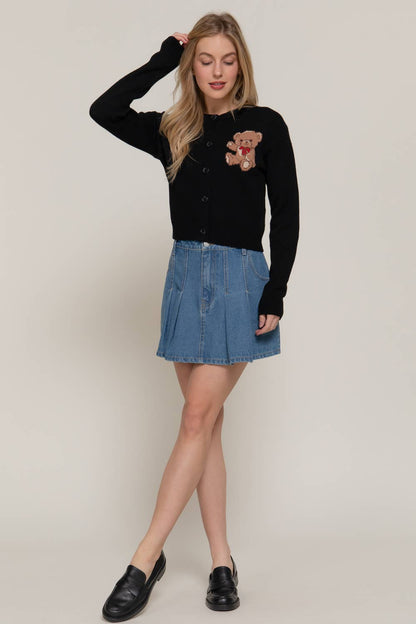 Women's Teddy Bear Embroidered Round Neck Cardigan