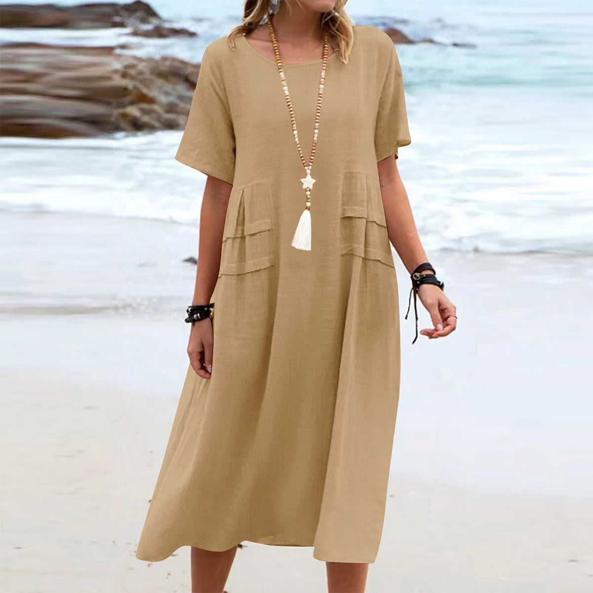 Loose Short-Sleeve Midi Dress