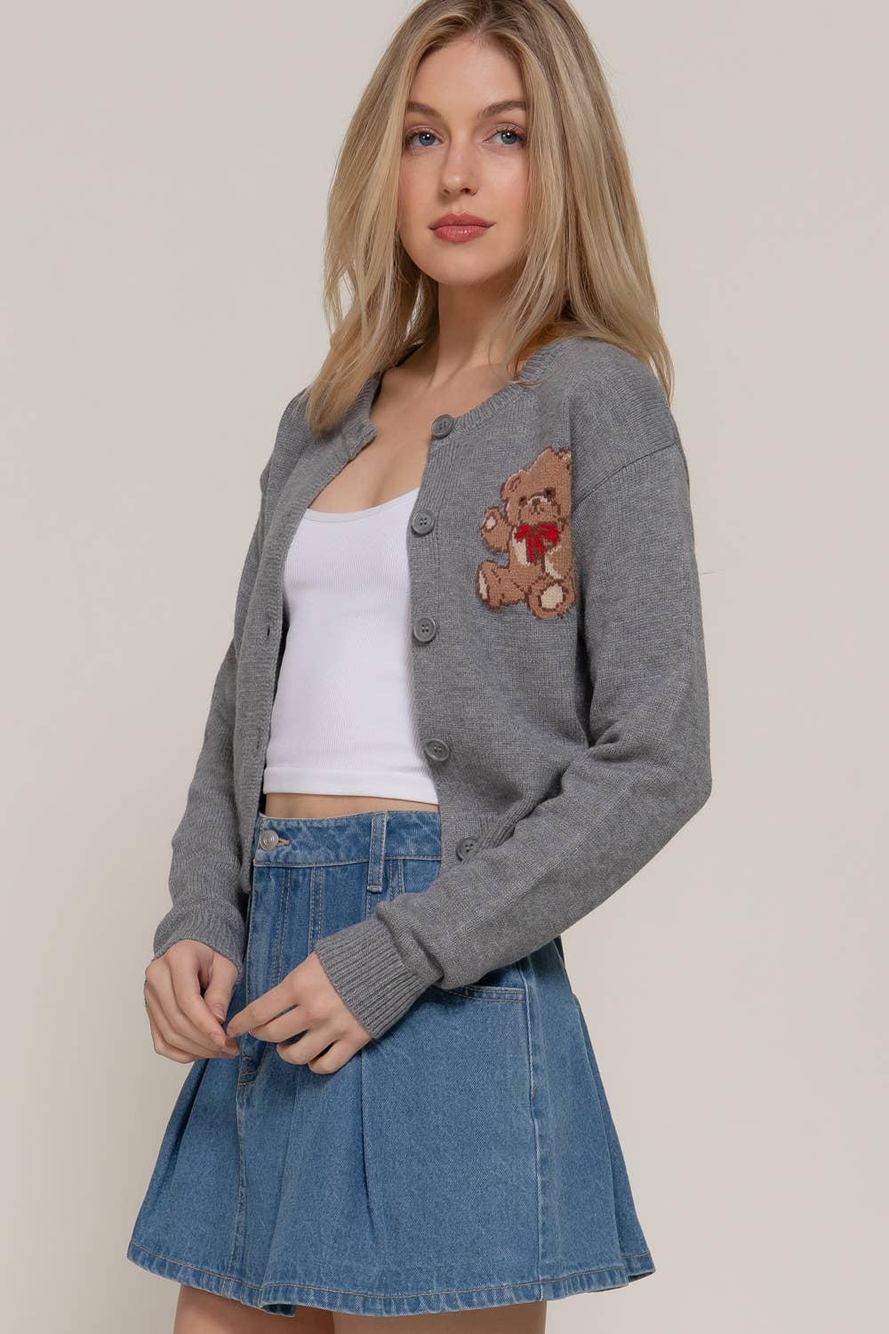 Women's Teddy Bear Embroidered Round Neck Cardigan