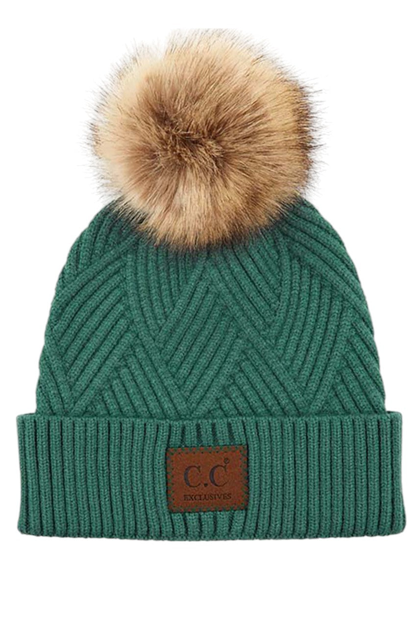 Women's Heather Beanie with Pom and Suede Patch