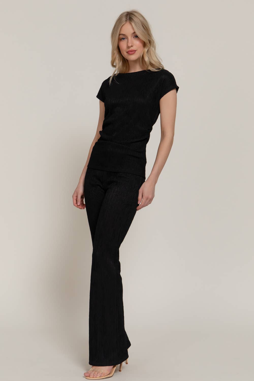 Women's Dolman-Sleeve Top & Flare Pants Wavy Crinkle Set