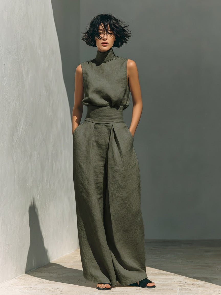 Women's Linen-Blend Top & Wide-Leg Pants Set