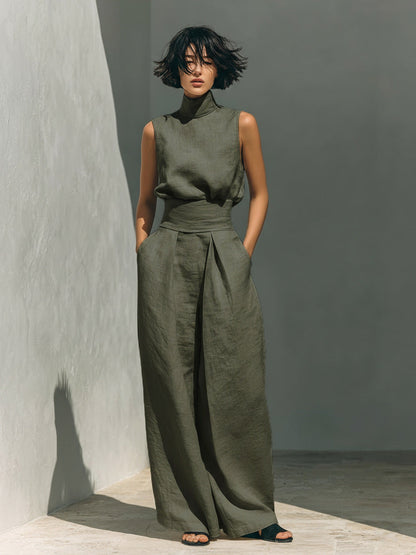 Women's Linen-Blend Top & Wide-Leg Pants Set