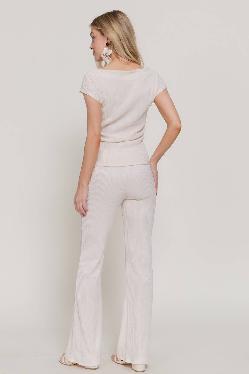 Women's Dolman-Sleeve Top & Flare Pants Wavy Crinkle Set