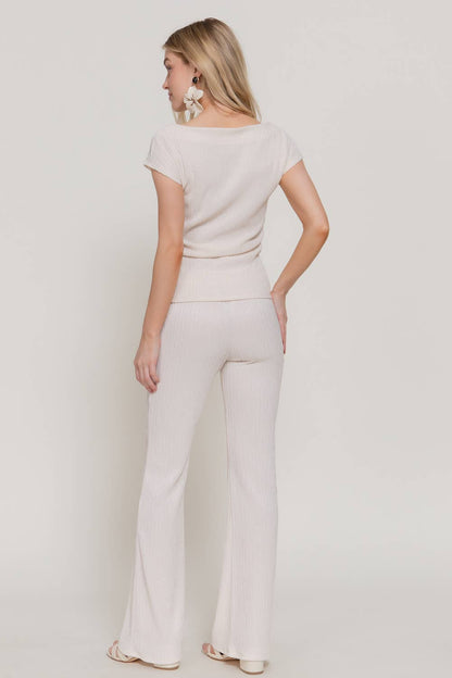 Women's Dolman-Sleeve Top & Flare Pants Wavy Crinkle Set
