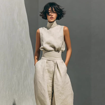 Women's Linen-Blend Top & Wide-Leg Pants Set