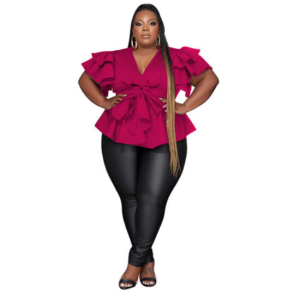 Women's Ruffle-Sleeve Pleated V-Neck Blouse