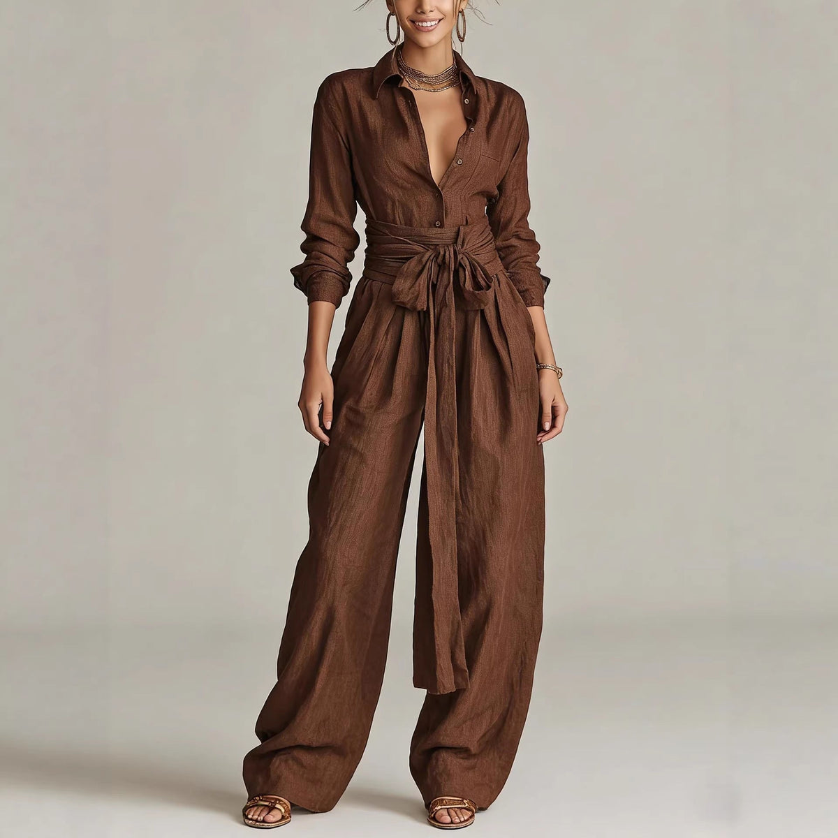 Relaxed Shirt & Wide-Leg Pants Set with Tie Belt