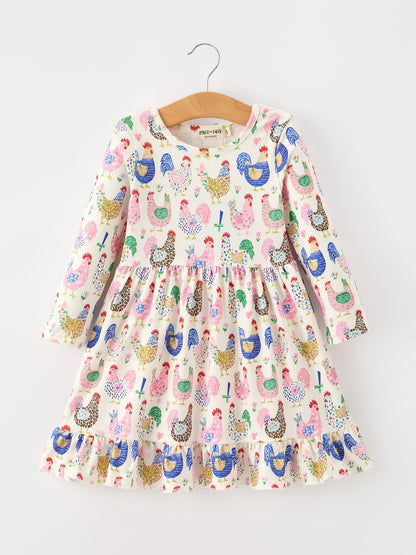 Girls' Farm Chicken Print Ruffle-Hem Twirl Dress