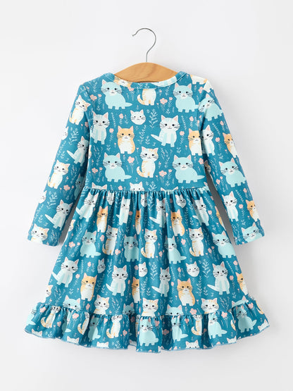Girls' Fall Cat Print Ruffle Hem Dress, Long Sleeve