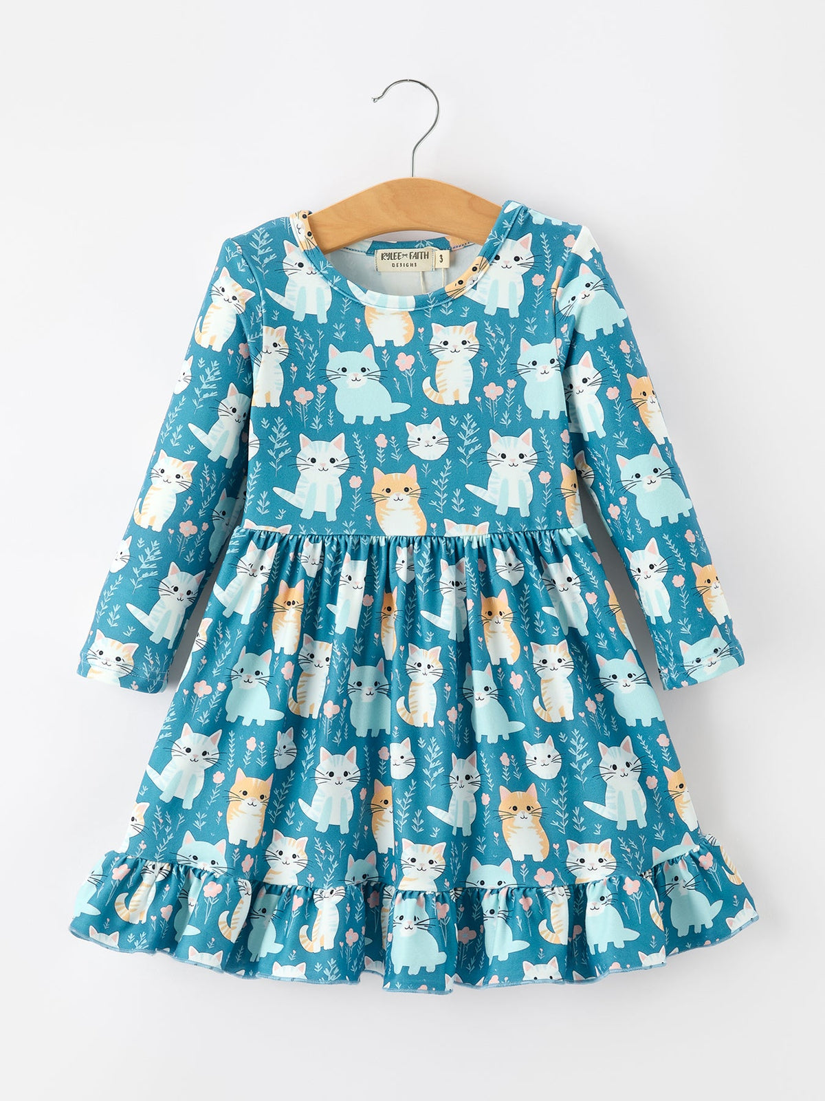 Girls' Fall Cat Print Ruffle Hem Dress, Long Sleeve
