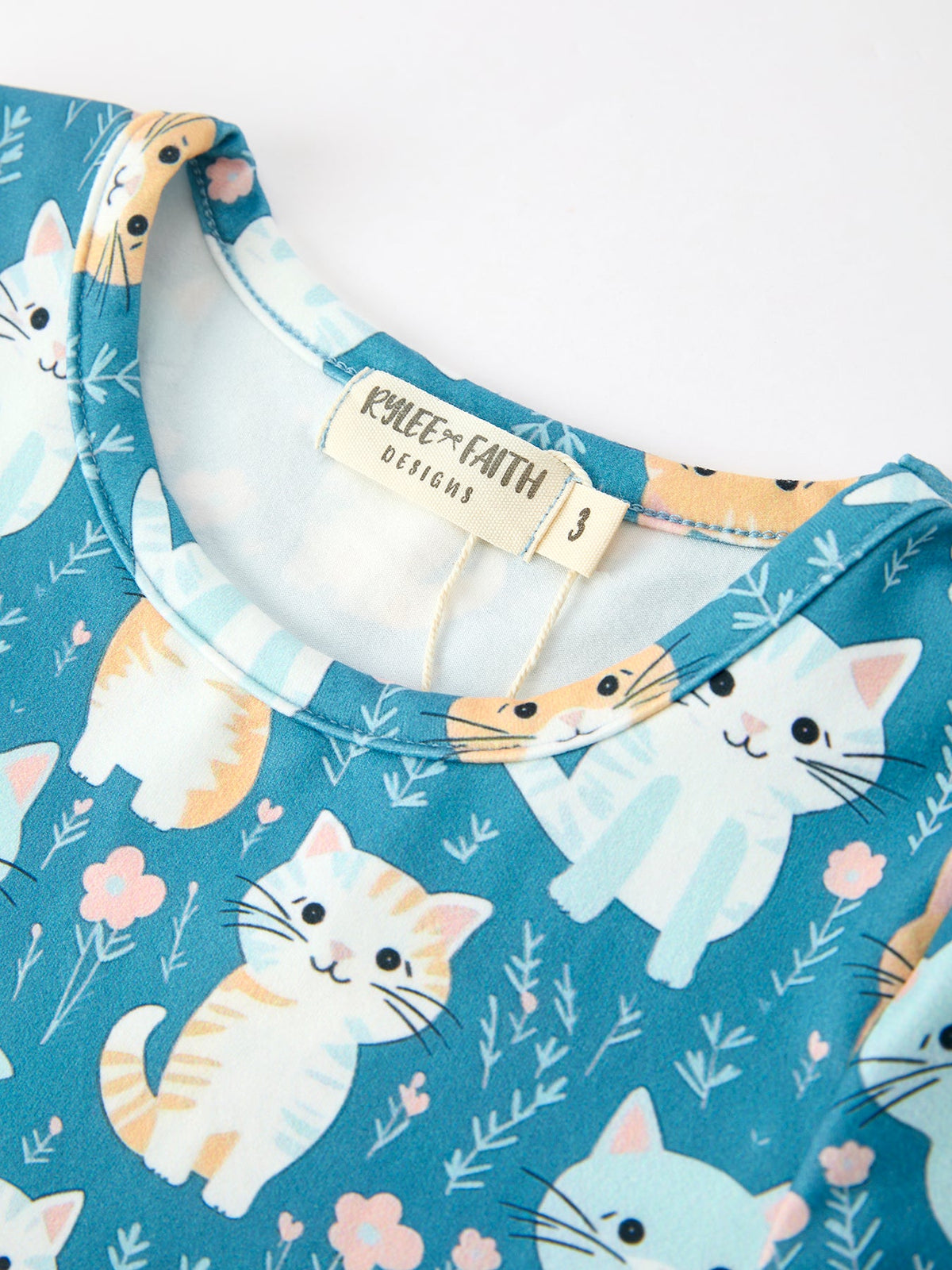 Girls' Fall Cat Print Ruffle Hem Dress, Long Sleeve