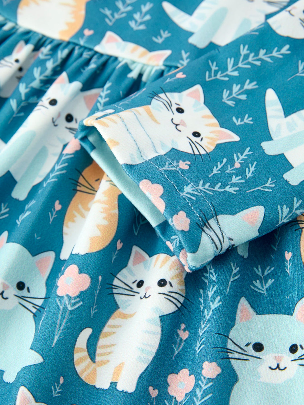 Girls' Fall Cat Print Ruffle Hem Dress, Long Sleeve
