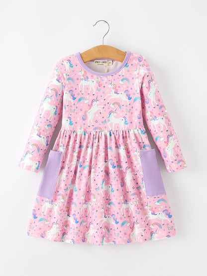 Girls' Pink Unicorn Pocket Dress
