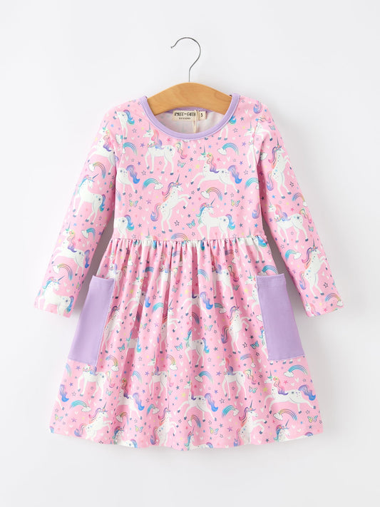 Girls' Pink Unicorn Pocket Dress