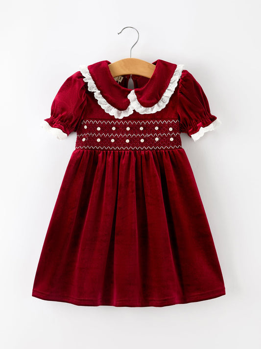 Girls' Burgundy Velvet Smocked Christmas Dress