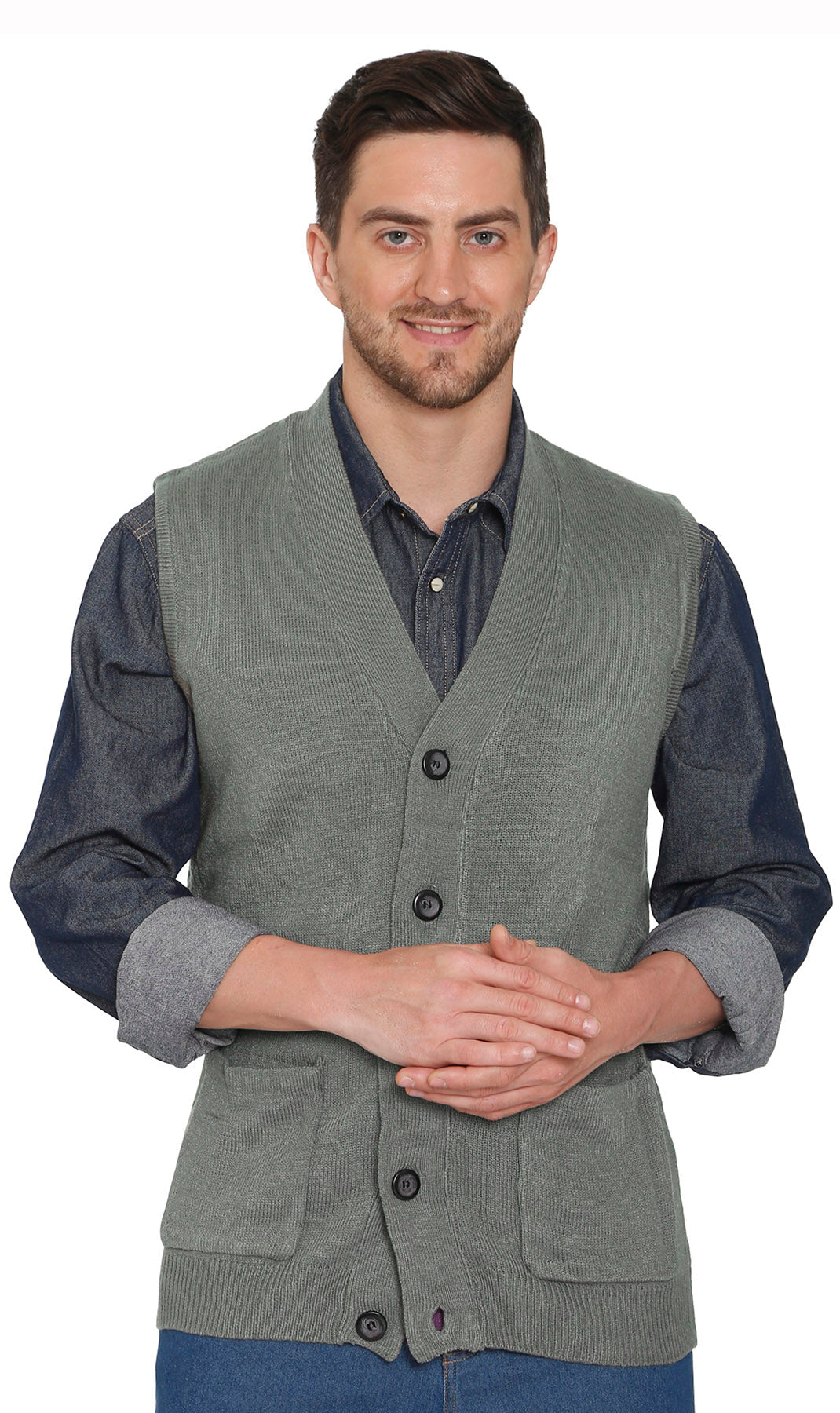Men's Button-Front Knit Sweater Vest with Chest Pockets