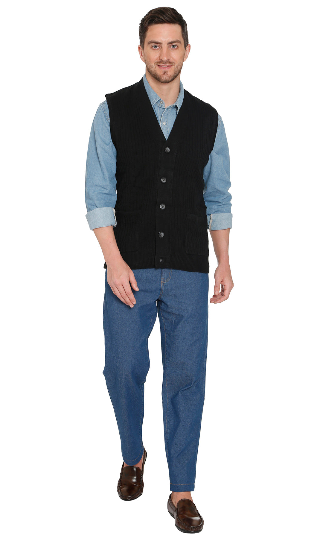 Men's Button-Front Knit Sweater Vest with Chest Pockets
