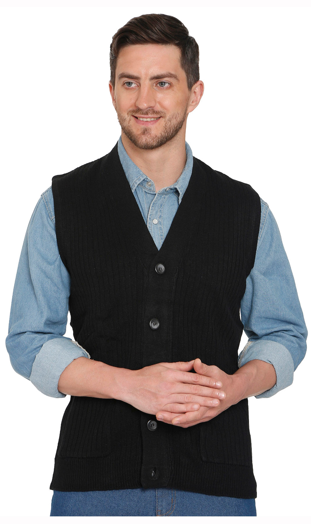 Men's Button-Front Knit Sweater Vest with Chest Pockets