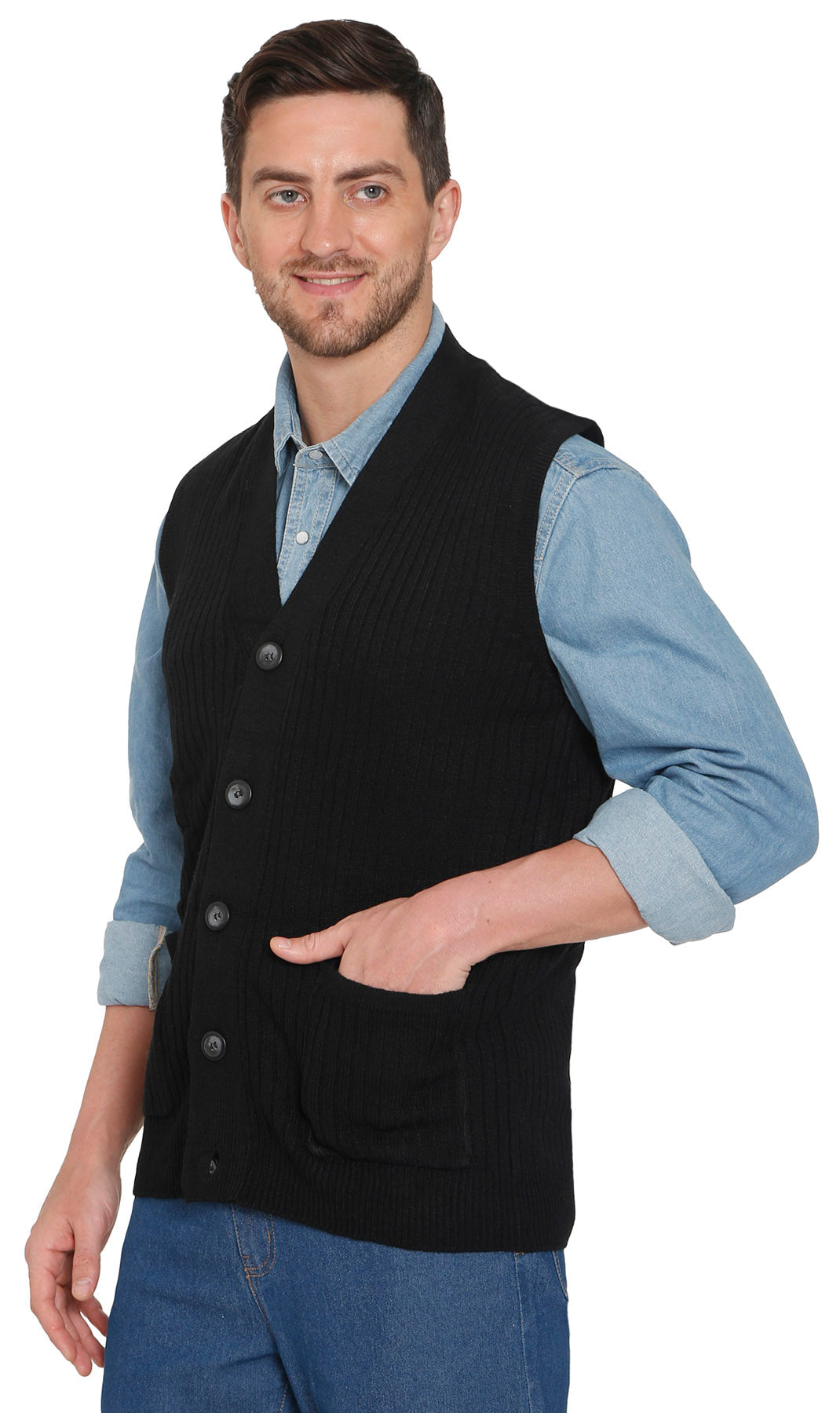 Men's Button-Front Knit Sweater Vest with Chest Pockets