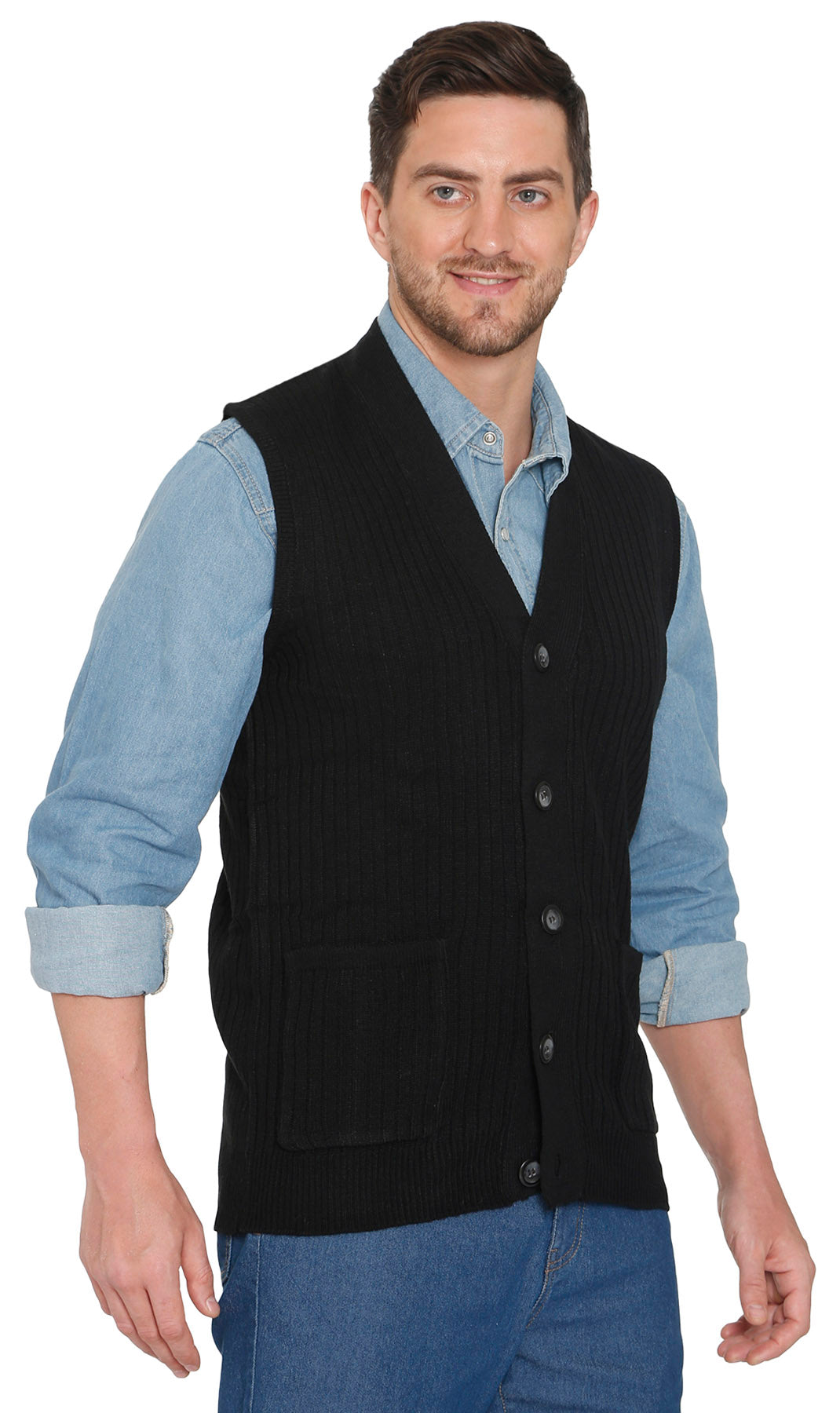 Men's Button-Front Knit Sweater Vest with Chest Pockets