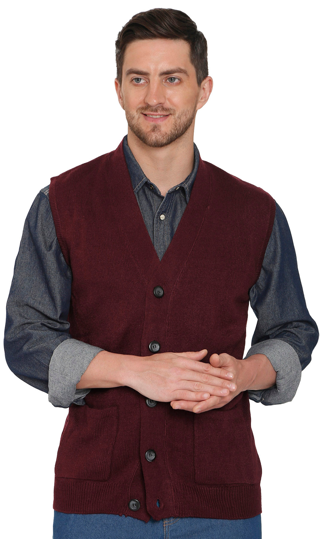 Men's Button-Front Knit Sweater Vest with Chest Pockets