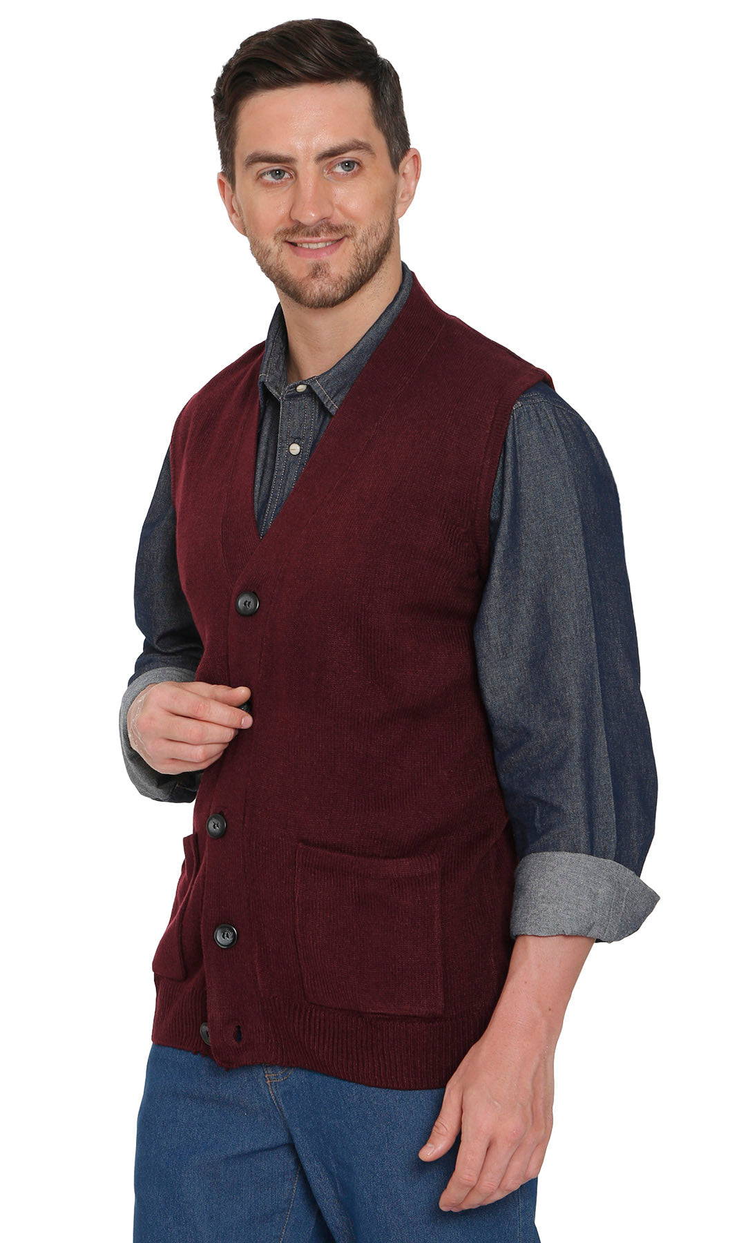 Men's Button-Front Knit Sweater Vest with Chest Pockets