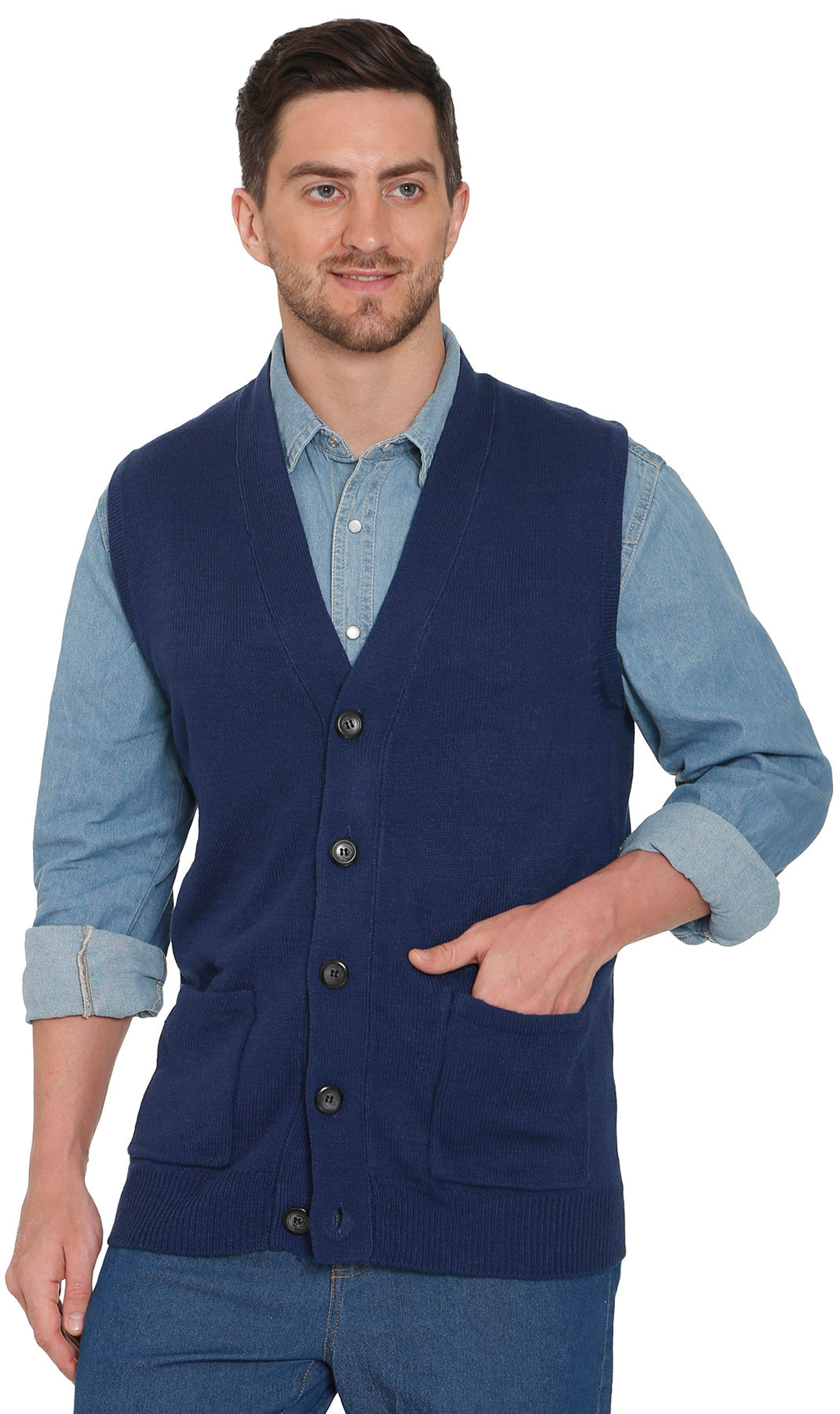 Men's Button-Front Knit Sweater Vest with Chest Pockets
