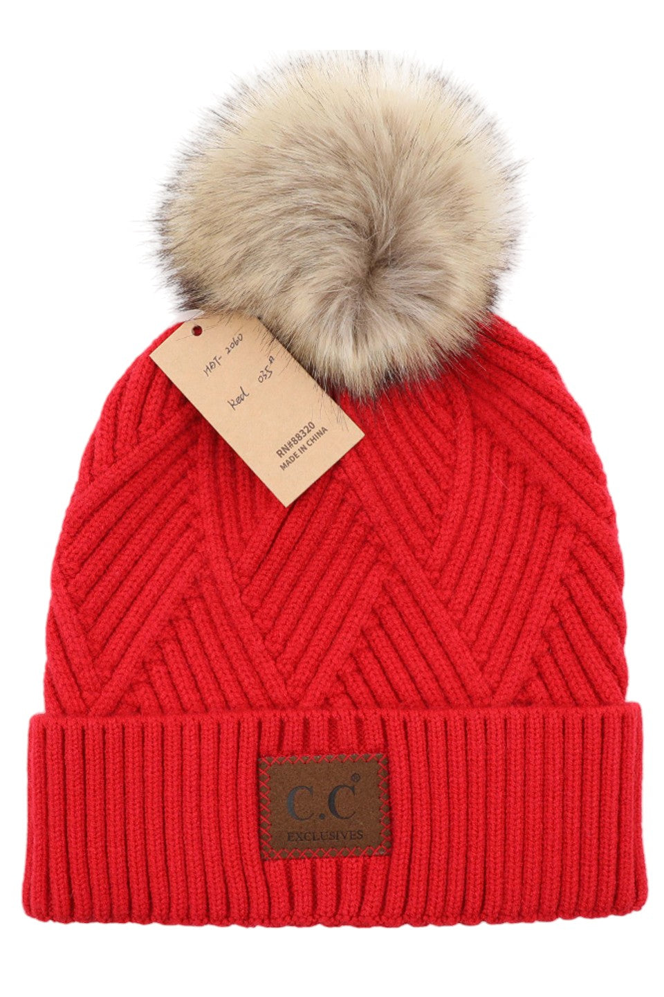 Women's Heather Beanie with Pom and Suede Patch