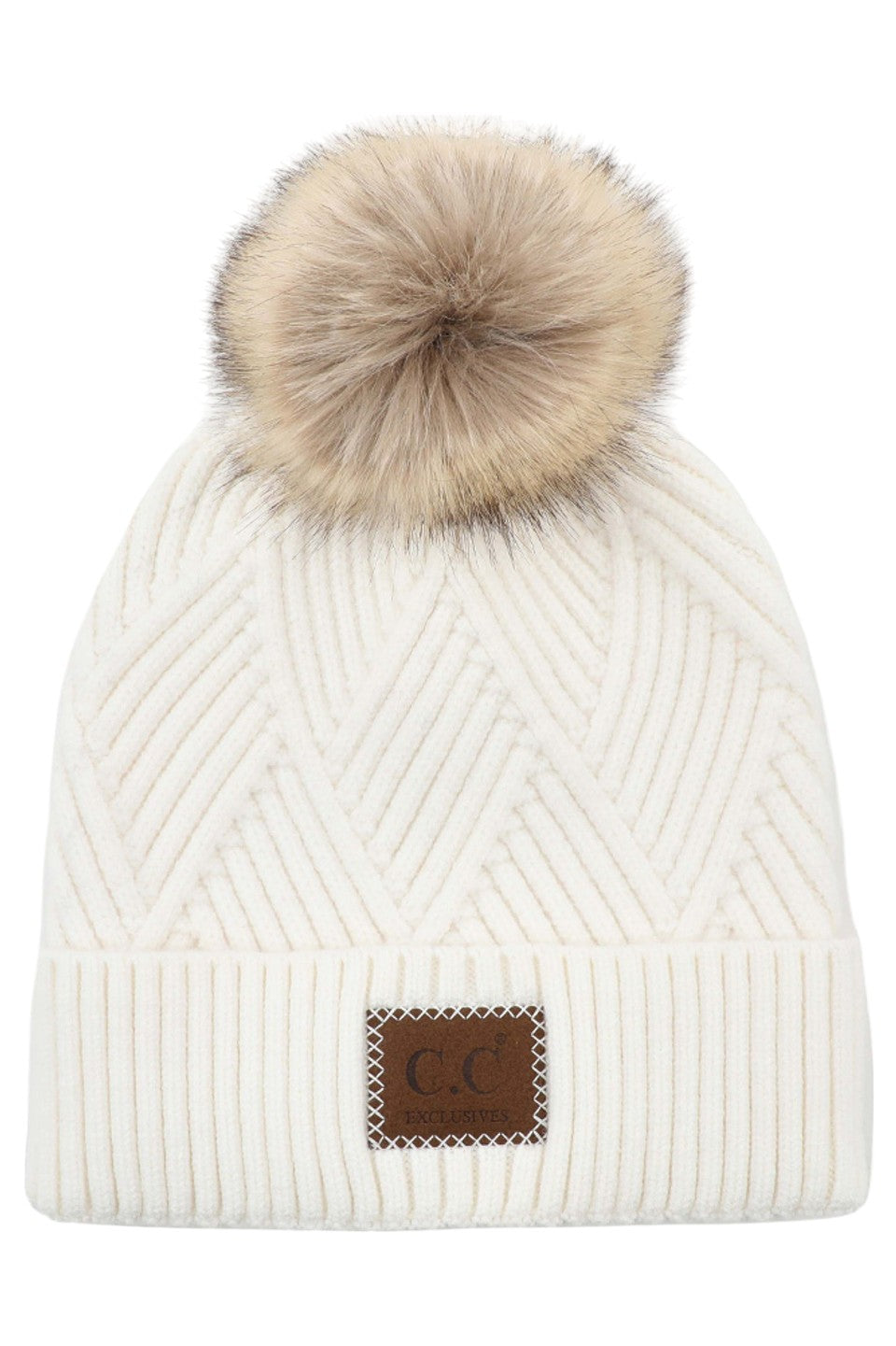 Women's Heather Beanie with Pom and Suede Patch