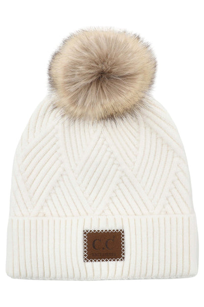 Women's Heather Beanie with Pom and Suede Patch