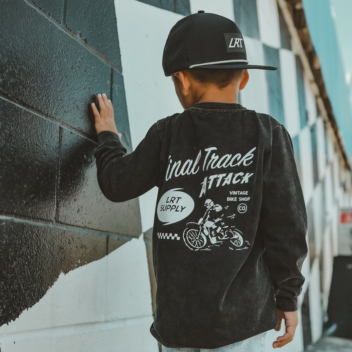 Kids' Long Sleeve Tee, Midnight Black Track Graphic