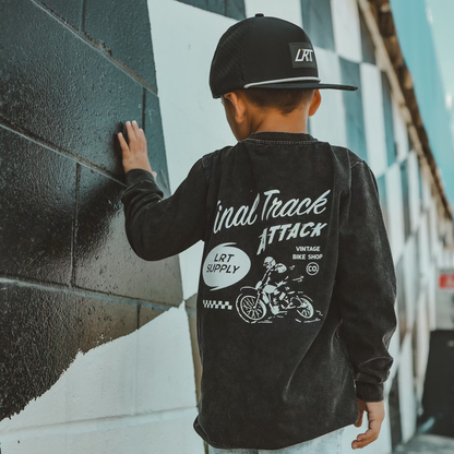 Kids' Long Sleeve Tee, Midnight Black Track Graphic