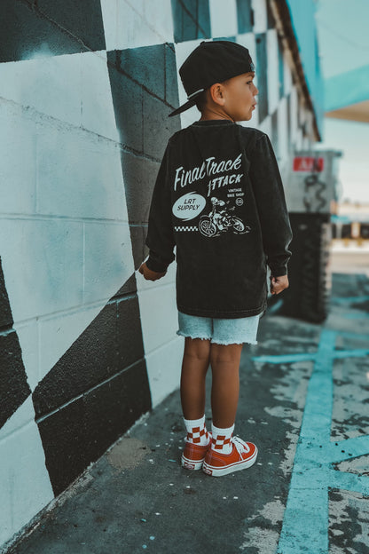 Kids' Long Sleeve Tee, Midnight Black Track Graphic