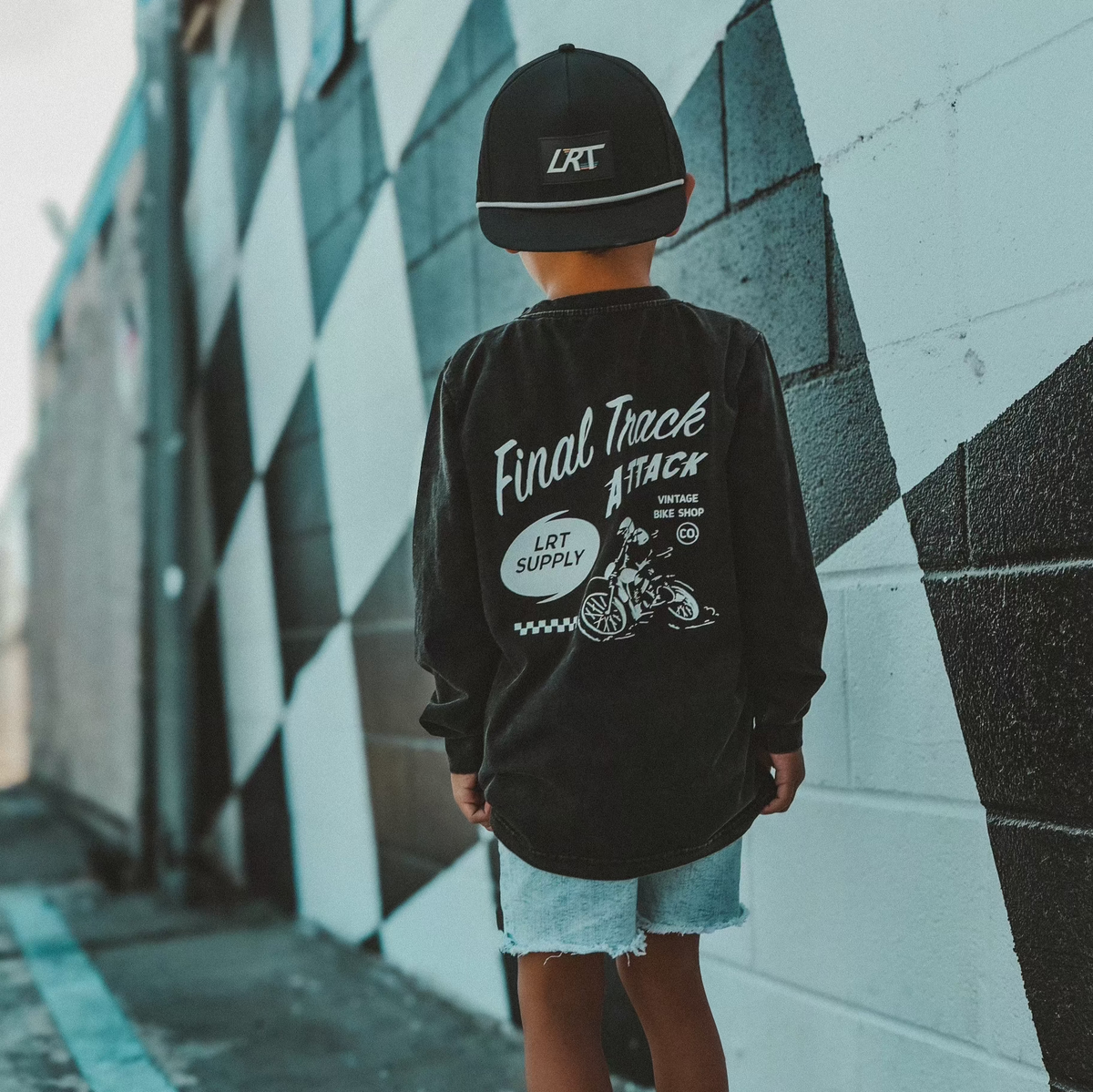 Kids' Long Sleeve Tee, Midnight Black Track Graphic