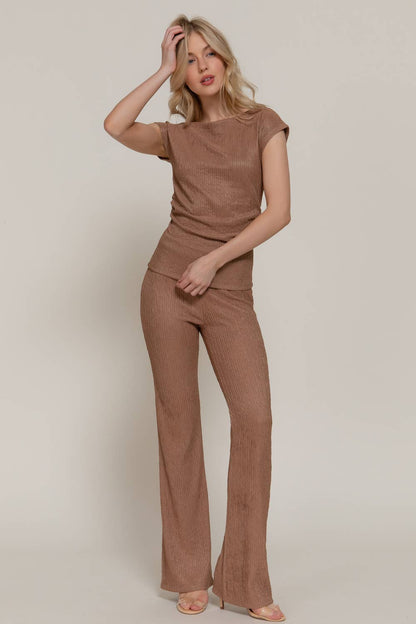 Women's Dolman-Sleeve Top & Flare Pants Wavy Crinkle Set