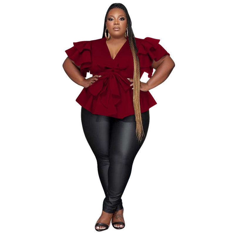 Women's Ruffle-Sleeve Pleated V-Neck Blouse