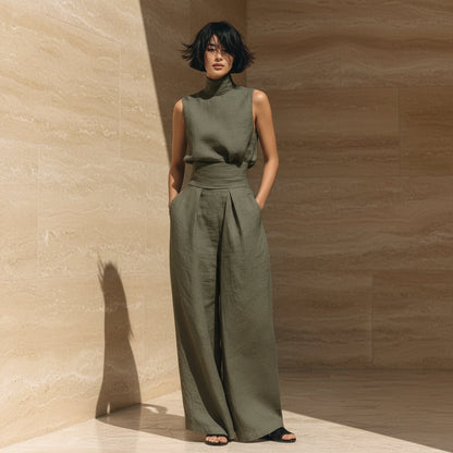 Women's Linen-Blend Top & Wide-Leg Pants Set