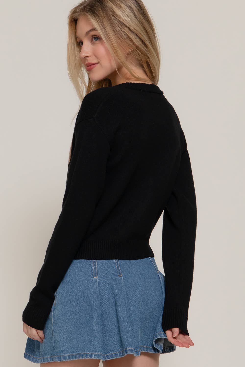 Women's Teddy Bear Embroidered Round Neck Cardigan