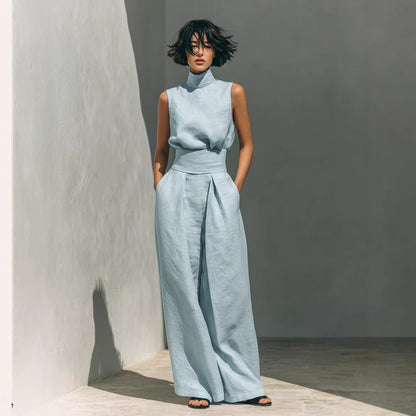 Women's Linen-Blend Top & Wide-Leg Pants Set