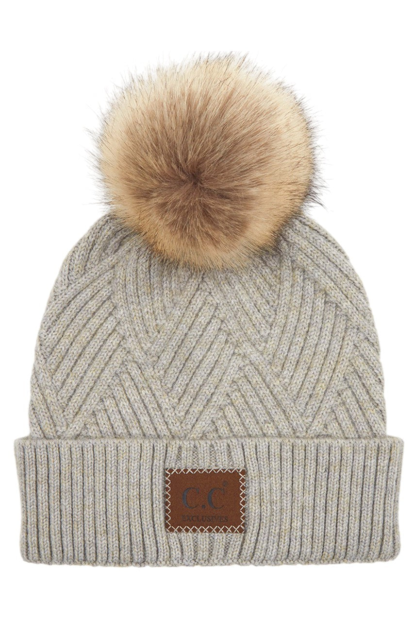 Women's Heather Beanie with Pom and Suede Patch