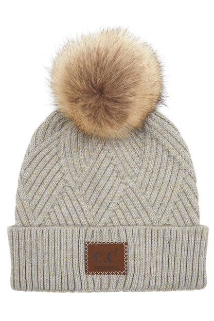 Women's Heather Beanie with Pom and Suede Patch